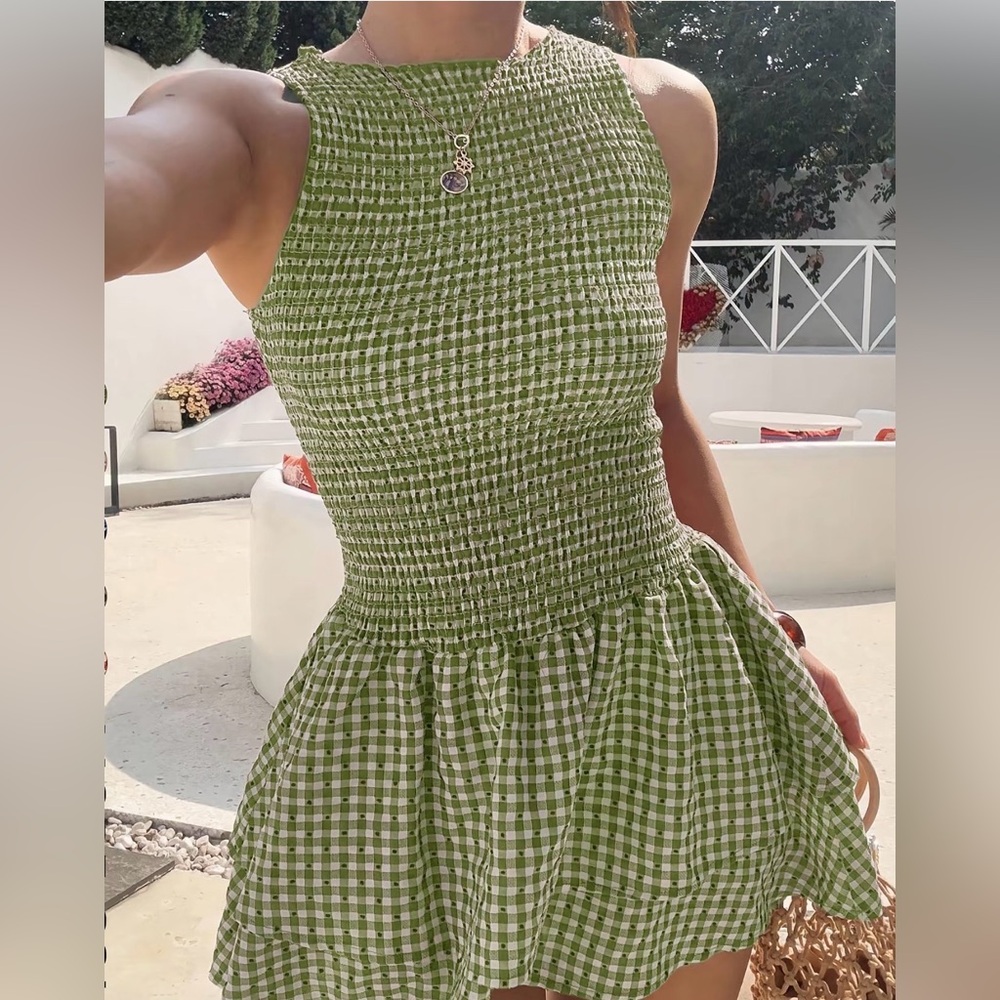 Green Gingham Smocked Sundress - Sleeveless Summer Dress